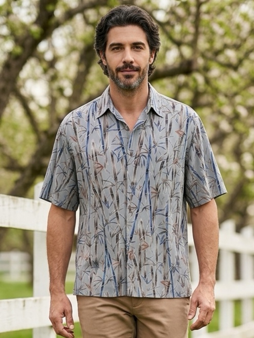 EUC - Campia Moda Men’s Hawaiian Tropical Reed Blue Gray Button Shirt - Size L